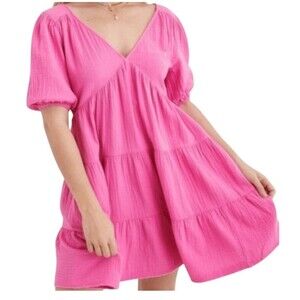 Aerie Dress Women's XS Hot Pink Gauze Pool To Party Mini Tiered Tie Back Barbie